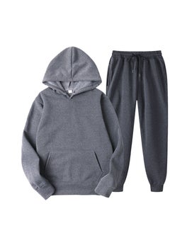 Spring New Glboard Solid Color Hooded Sweatshirt Casual Pants Fleece-Lined Pulloversuit Mens Sets Dark gray