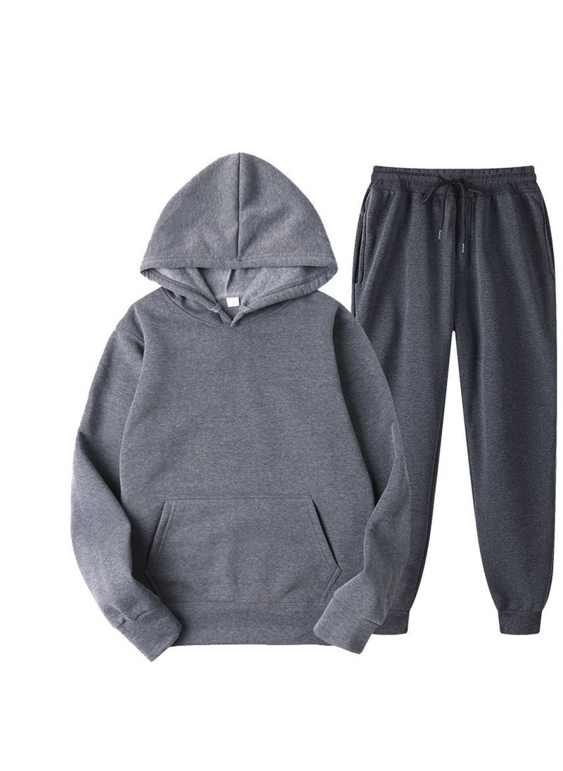 Generic - Spring New Glboard Solid Color Hooded Sweatshirt Casual Pants Fleece-Lined Pulloversuit Mens Sets Dark gray - Image 1