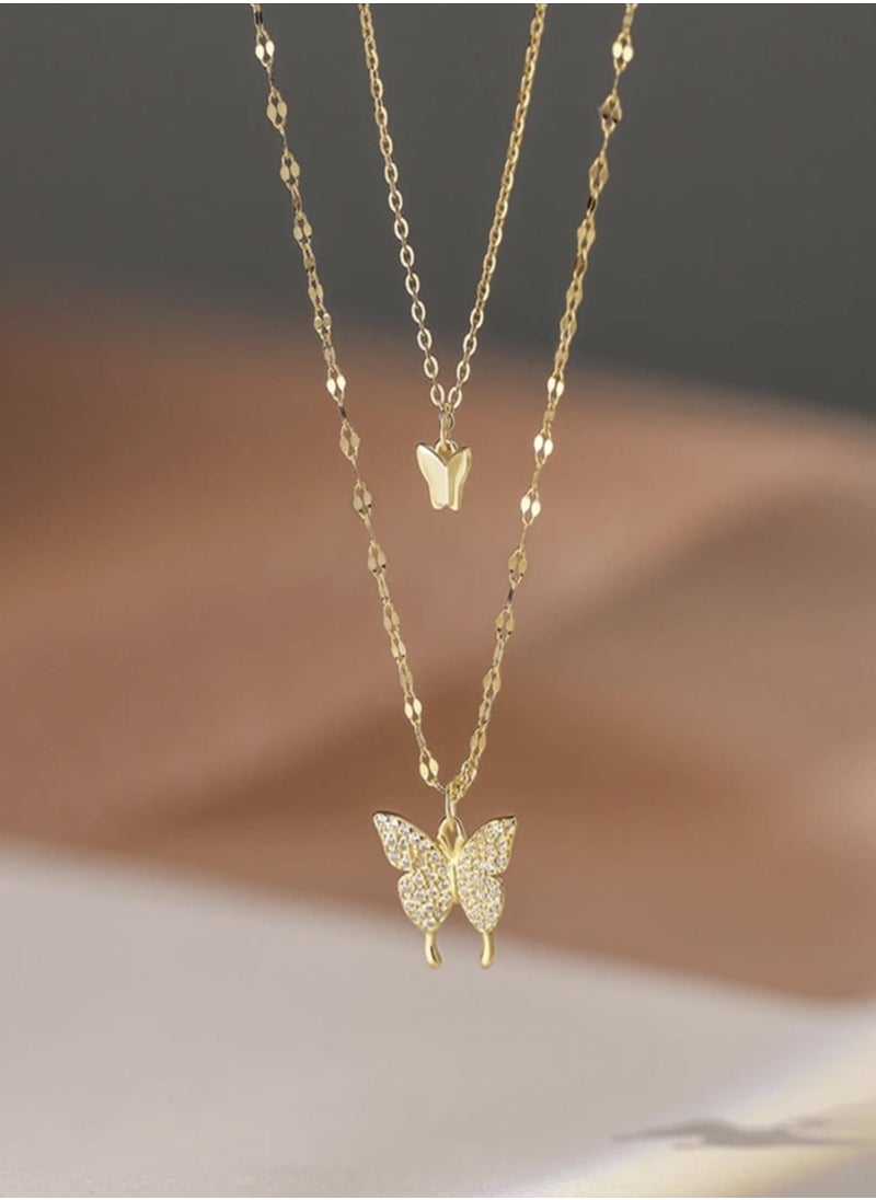 YUCCA - Double Layered Rhinestone Gold Plated Butterfly Necklace, Made of Alloy, Perfect Gift for Yourself and Friends, 1pc - Image 1