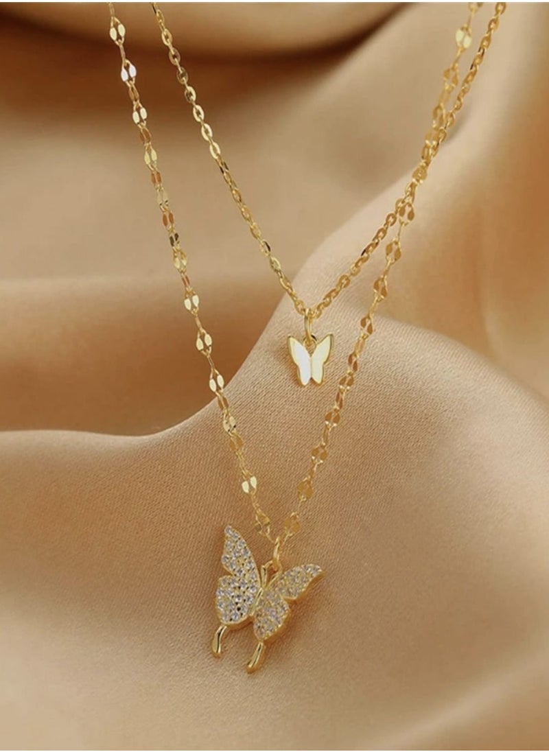 YUCCA - Double Layered Rhinestone Gold Plated Butterfly Necklace, Made of Alloy, Perfect Gift for Yourself and Friends, 1pc - Image 1