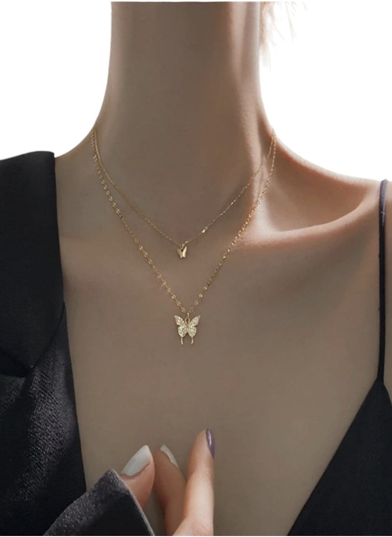 YUCCA - Double Layered Rhinestone Gold Plated Butterfly Necklace, Made of Alloy, Perfect Gift for Yourself and Friends, 1pc - Image 1