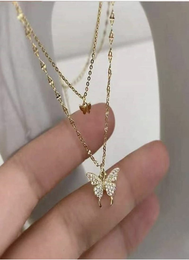 YUCCA - Double Layered Rhinestone Gold Plated Butterfly Necklace, Made of Alloy, Perfect Gift for Yourself and Friends, 1pc - Image 1