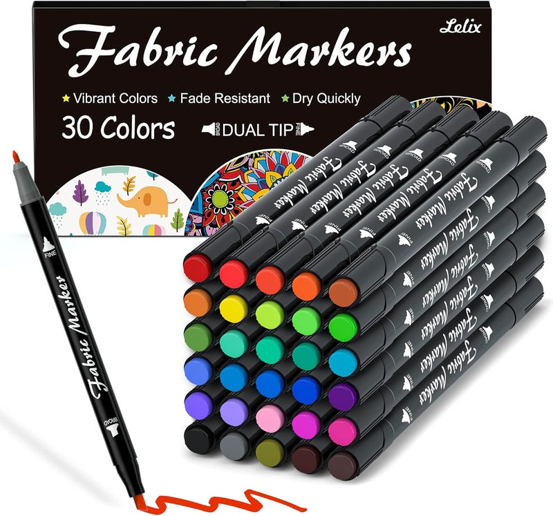 Lelix Fabric Markers, 30 Permanent Colors Dual Tip Fabric Pens for Writing Painting on T-Shirts Clothes Sneakers Canvas Pillowcases, Child Safe & Non-Toxic for Kids Adults - Image 1