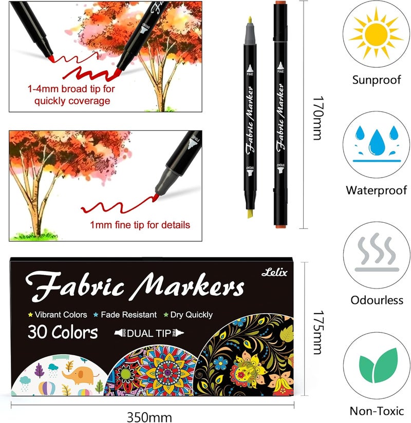 Lelix Fabric Markers, 30 Permanent Colors Dual Tip Fabric Pens for Writing Painting on T-Shirts Clothes Sneakers Canvas Pillowcases, Child Safe & Non-Toxic for Kids Adults - Image 2