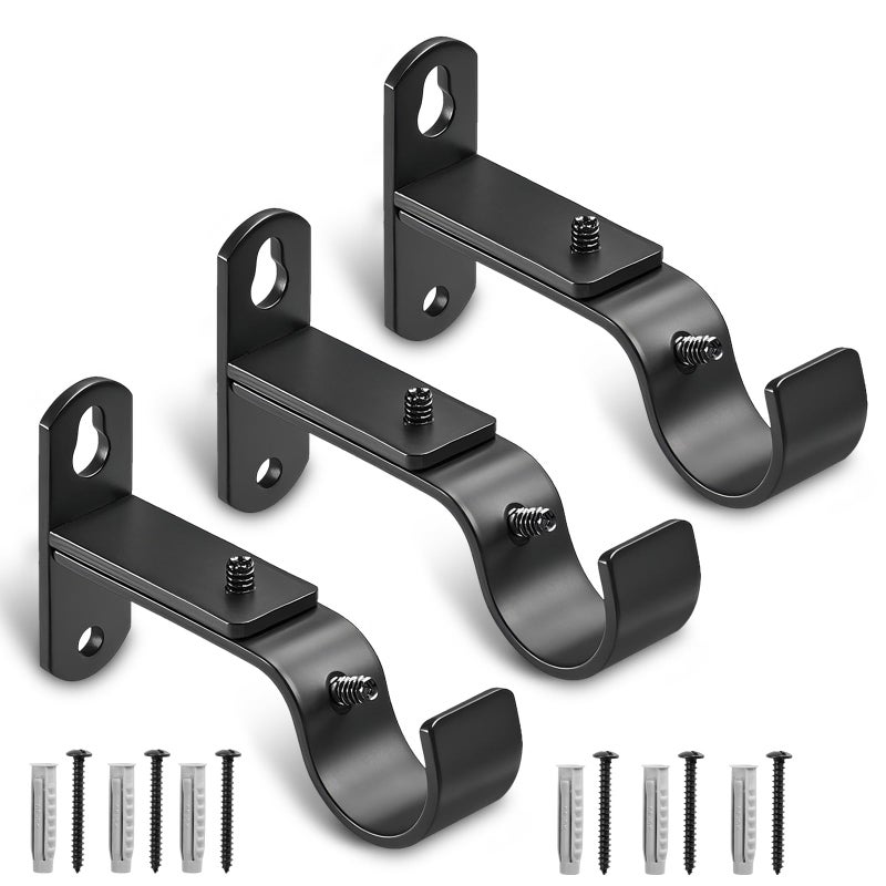 AMZSEVEN Adjustable Curtain Rod Brackets Metal Window Drapery Rod Hanger Holders Hooks for 1 inch Rods Black Set of 3