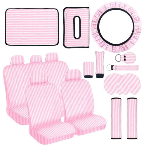 JINGSEN Stripe Car Seat Cover Full Set,Stripe Steering Wheel Cover Suitable for Universal Car Accessories Interior Set,Suitable for Sedans,SUVs - Image 1