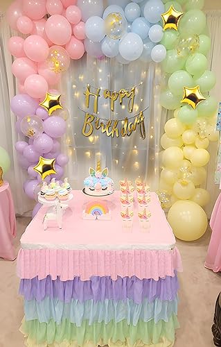Specialyou.In Pastel Theme Birthday Decoration Items With Net Curtain Backdrop Decor, Fairy Light, Confetti Balloon, Star Foil & Pastel Pink, Green, Yellow, Purple Balloon For Birthday Decor- 77 Pcs - Image 1
