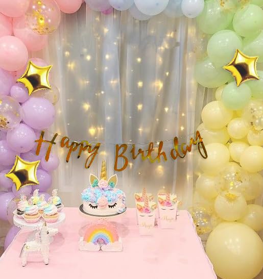 Specialyou.In Pastel Theme Birthday Decoration Items With Net Curtain Backdrop Decor, Fairy Light, Confetti Balloon, Star Foil & Pastel Pink, Green, Yellow, Purple Balloon For Birthday Decor- 77 Pcs - Image 4