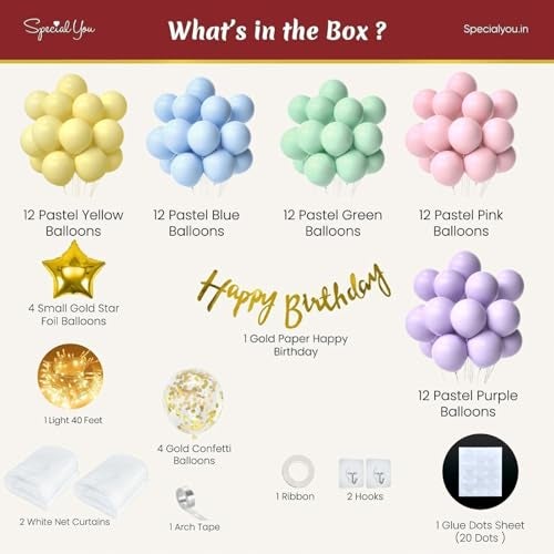 Specialyou.In Pastel Theme Birthday Decoration Items With Net Curtain Backdrop Decor, Fairy Light, Confetti Balloon, Star Foil & Pastel Pink, Green, Yellow, Purple Balloon For Birthday Decor- 77 Pcs - Image 3