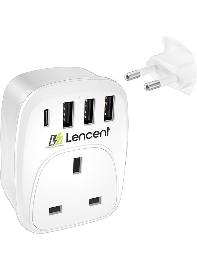 Lencent LENCENT UK to EU Euro Europe Plug Adapter,European Travel Adapter with 3 USB Ports&1 USB C Port for Italy Switzerland Germany Spain France Portugal Greece Russia Netherlands&more (Type C)  - Image 1
