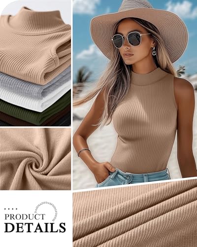 Xaatren 3 Pack Womens Sleeveless Mock Turtlenecks Shirts Ribbed Stretch Slim Fitted Tank Top Basic Lightweight Bustier TeeWhite Black BrownMedium - Image 3