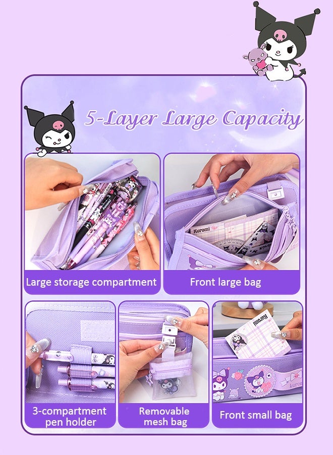 Sanrio Large Capacity Pencil Case, 5 Compartment Pouch Pen Bag with Zip,  Kawaii Stationery  Storage Organizer with  Pen Slots, Marker Pouch Pen for Middle School Office College   (Pink) - Image 2