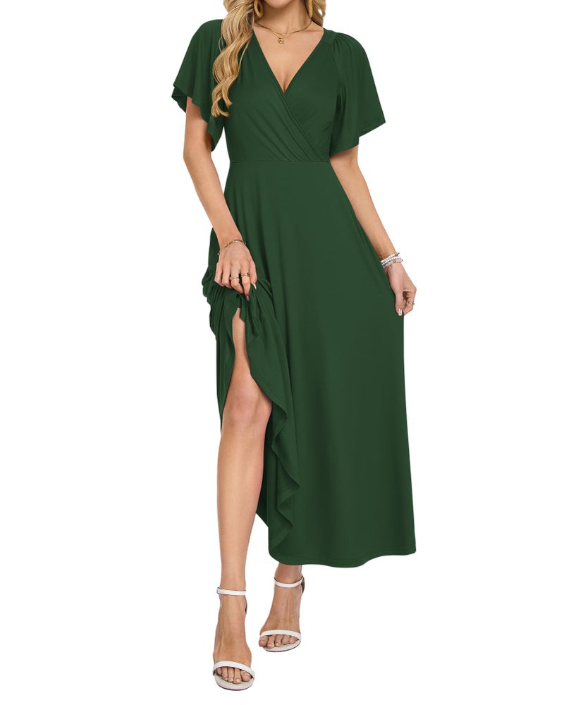 AUSELILY Maxi Dresses Women 2026 Summer Long Flowy Wrap Dress Ruffle Sleeve Deep V Neck Maternity Dress with Pockets Dark Green L - Image 2