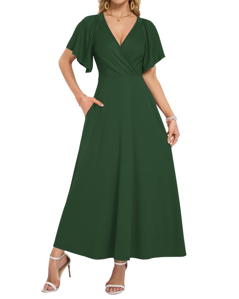 AUSELILY Maxi Dresses Women 2026 Summer Long Flowy Wrap Dress Ruffle Sleeve Deep V Neck Maternity Dress with Pockets Dark Green L - Image 1