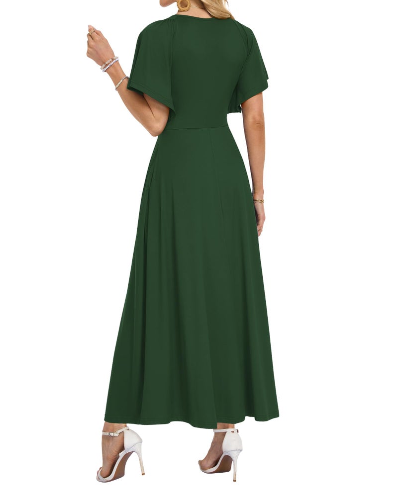 AUSELILY Maxi Dresses Women 2026 Summer Long Flowy Wrap Dress Ruffle Sleeve Deep V Neck Maternity Dress with Pockets Dark Green L - Image 4