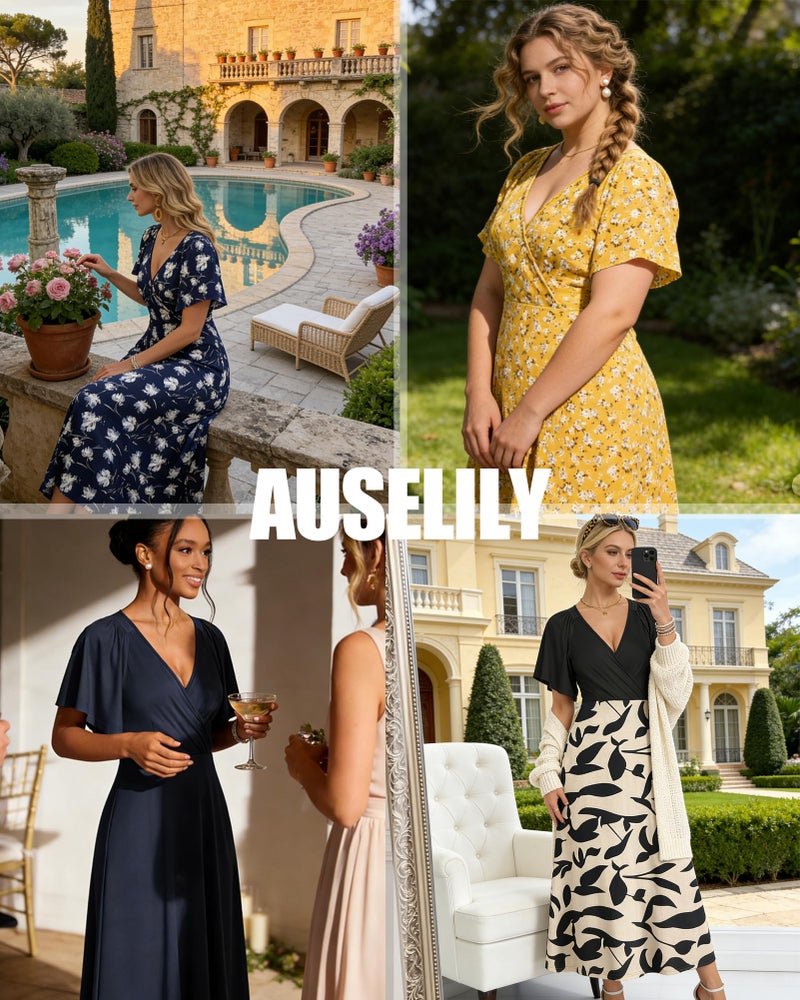 AUSELILY Maxi Dresses Women 2026 Summer Long Flowy Wrap Dress Ruffle Sleeve Deep V Neck Maternity Dress with Pockets Dark Green L - Image 5
