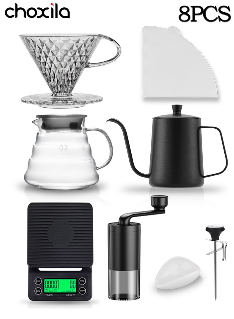 choxila 8 Piece V60 Set, Size 2 Hand Drip Coffee Set, Drip Coffee Maker Set, V60 Size 02, Pour-Over Coffee Set Includes Kettle, Filter, Sharing Pot, Scale, Grinder, Filter Paper, Bean Dish, and Thermometer - Image 1