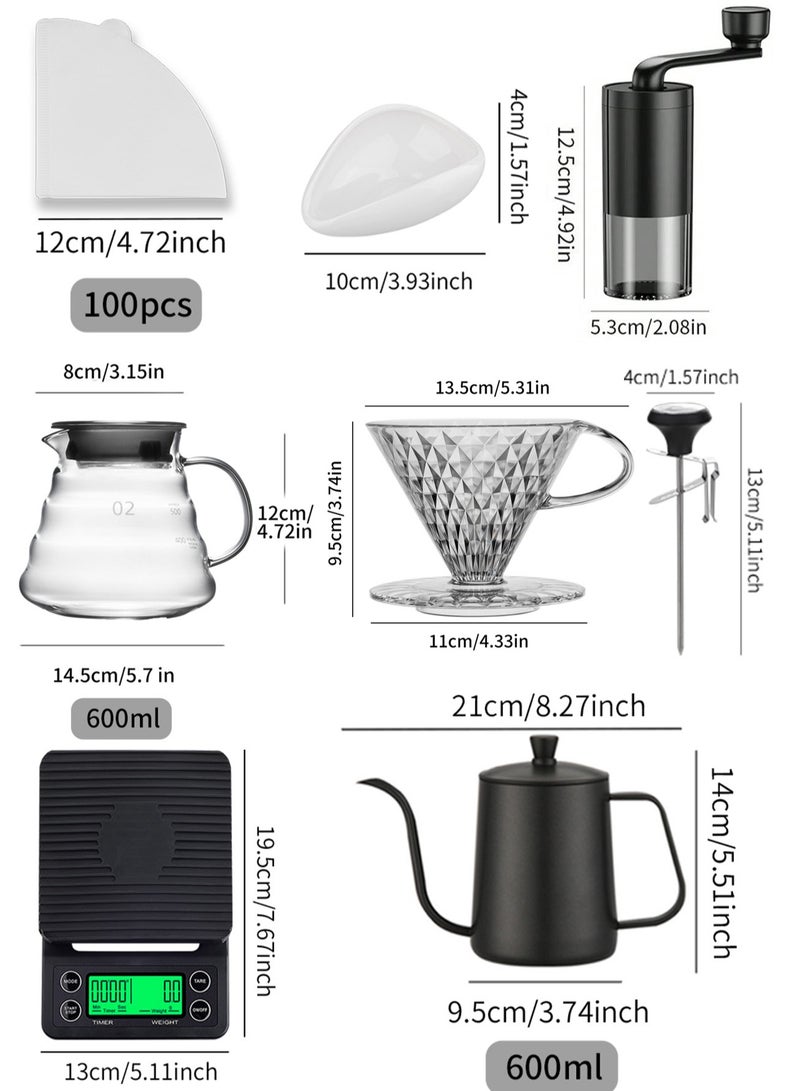 choxila 8 Piece V60 Set, Size 2 Hand Drip Coffee Set, Drip Coffee Maker Set, V60 Size 02, Pour-Over Coffee Set Includes Kettle, Filter, Sharing Pot, Scale, Grinder, Filter Paper, Bean Dish, and Thermometer - Image 2