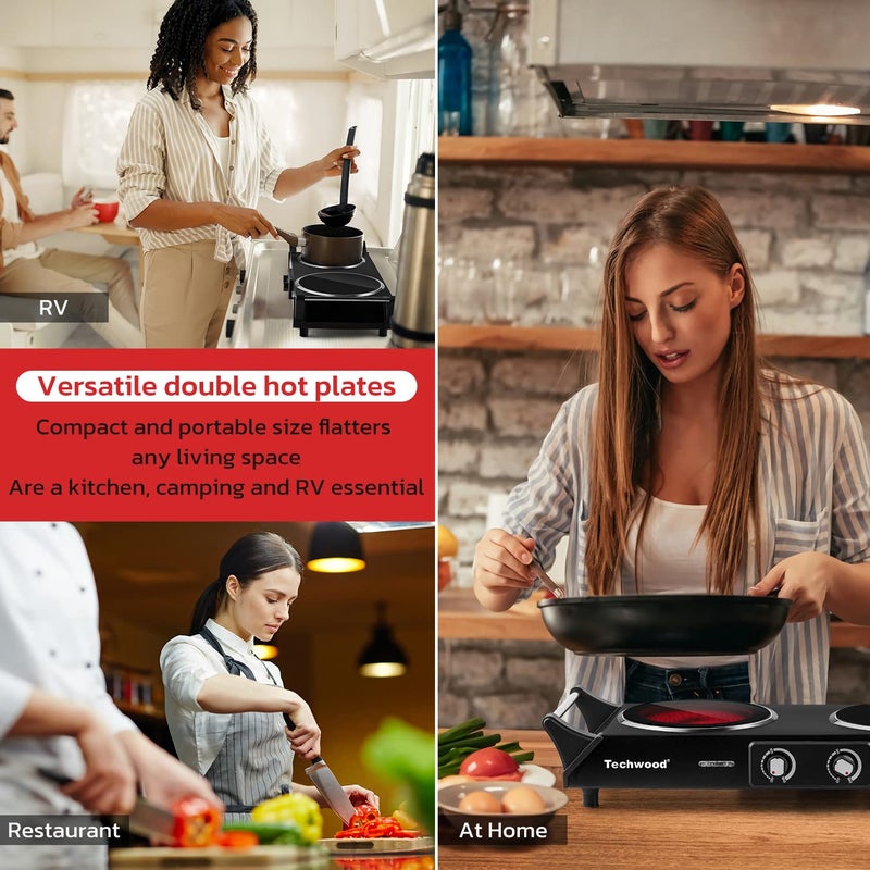 Techwood Hot Plate, Techwood 1800W Double Infrared Ceramic Electric Stove for Cooking, Dual Control Cooktop Burners, Portable Anti-scald Handles Suitable for RV/Home/Camp, Compatible for All Cookwares - Image 2