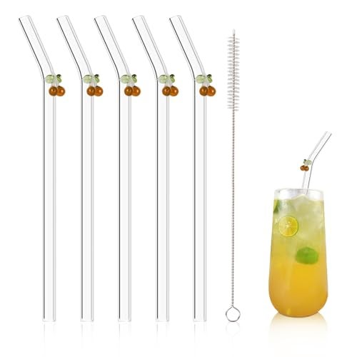 Olpchee 5 Pcs Reusable Straws Clear Glass Straws Colorful Cherry Design Size 78 x 8mm with 1 Cleaning Brush for Smoothies Milkshakes Juices Teas Caramel