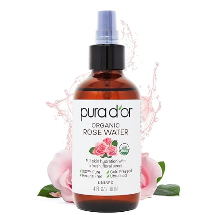 PURA D'OR 4 Oz Organic Rose Water Toner - USDA Certified 100% Pure Full Skin Hydration, Control Excess Oils- Cleanses & Softens - Promotes Healthy Skin - for All Skin Types (Packaging May Vary) - Image 1