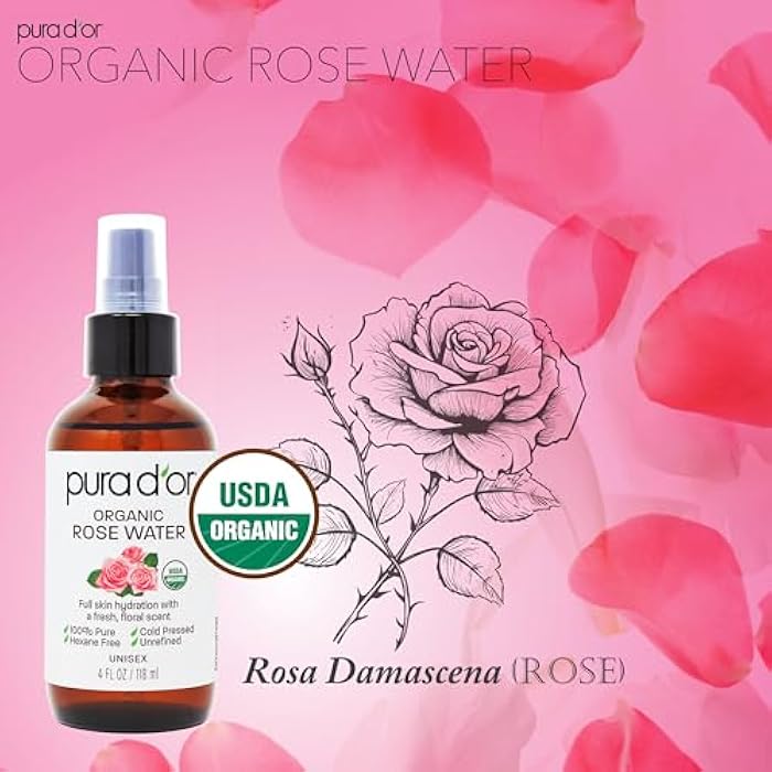 PURA D'OR 4 Oz Organic Rose Water Toner - USDA Certified 100% Pure Full Skin Hydration, Control Excess Oils- Cleanses & Softens - Promotes Healthy Skin - for All Skin Types (Packaging May Vary) - Image 5