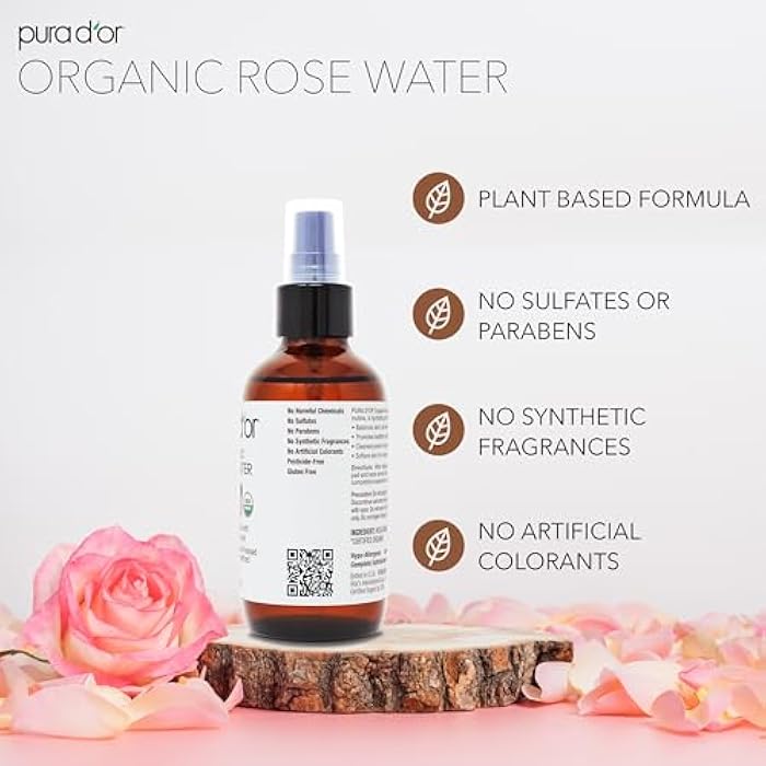 PURA D'OR 4 Oz Organic Rose Water Toner - USDA Certified 100% Pure Full Skin Hydration, Control Excess Oils- Cleanses & Softens - Promotes Healthy Skin - for All Skin Types (Packaging May Vary) - Image 4