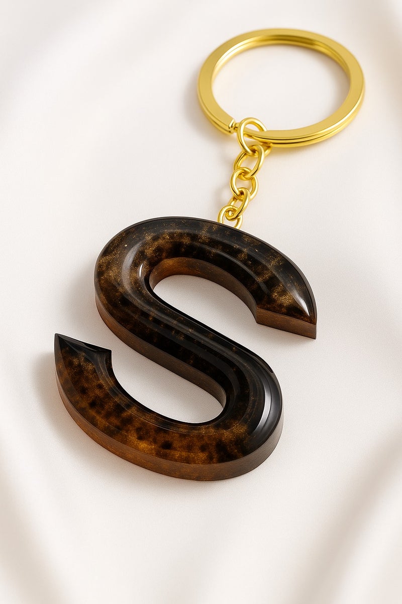 Ready For Chai Handmade Resin Alphabet Keychain – Letter "S" | Black & Gold Glitter Epoxy Charm | Custom Keychain for Bags, Car Keys, Home Keys | Unisex Gift Accessory