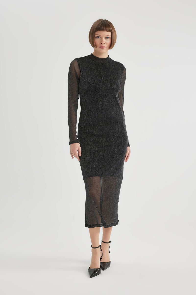 DeFacto Woman Bodycon Half Turtleneck Tulle Midi Dress  - Image 1