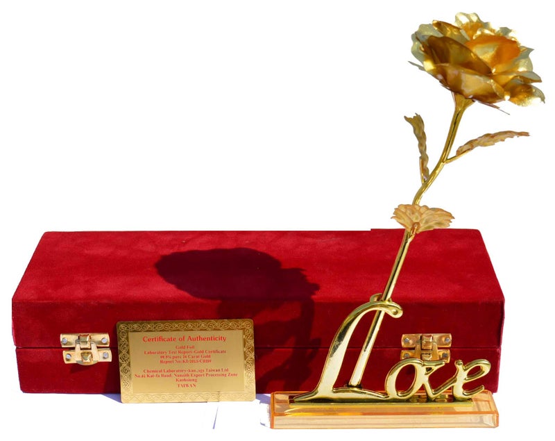 Lavanaya Silver - Gold Foiled Rose Flower and Golden Love Stand with Velvet Gift Box (30X10X8 cm, Golden) - Image 1
