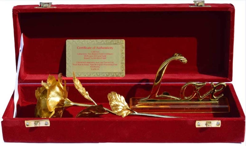 Lavanaya Silver - Gold Foiled Rose Flower and Golden Love Stand with Velvet Gift Box (30X10X8 cm, Golden) - Image 2