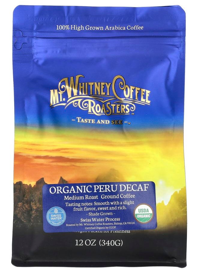 MT. WHITNEY COFFEE ROASTERS - Organic Peru Decaf Ground Coffee Medium Roast 12 oz (340 g) - Image 1