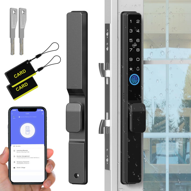 Eseesmart Sliding Glass Door Lock, Eseesmart Sliding Door Smart Lock with Fingerprint Code Keypad RFID Card Bluetooth App Key, Electronic Digital Biometric Keyless Entry Patio Door Lock with Handle - Image 1