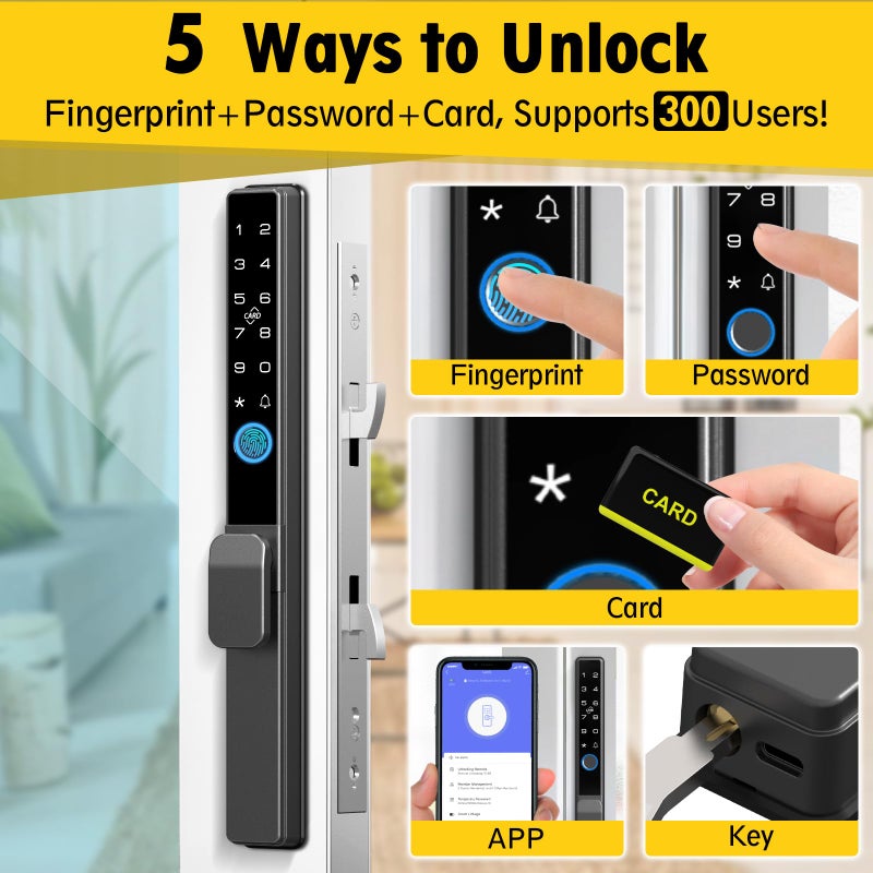 Eseesmart Sliding Glass Door Lock, Eseesmart Sliding Door Smart Lock with Fingerprint Code Keypad RFID Card Bluetooth App Key, Electronic Digital Biometric Keyless Entry Patio Door Lock with Handle - Image 2