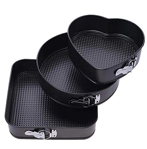 Kalitus Cake Tin Teflon Coated Non Stick Pan Cake Mould Set of 3 Heart Square Round Shapes with Loose Base Easy Washable Quick Release Springform Baking Pan Shapes for Oven3 PCS Black - Image 1