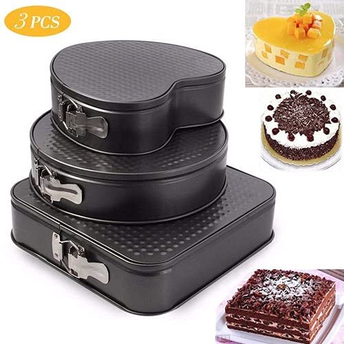 Kalitus Cake Tin Teflon Coated Non Stick Pan Cake Mould Set of 3 Heart Square Round Shapes with Loose Base Easy Washable Quick Release Springform Baking Pan Shapes for Oven3 PCS Black - Image 5