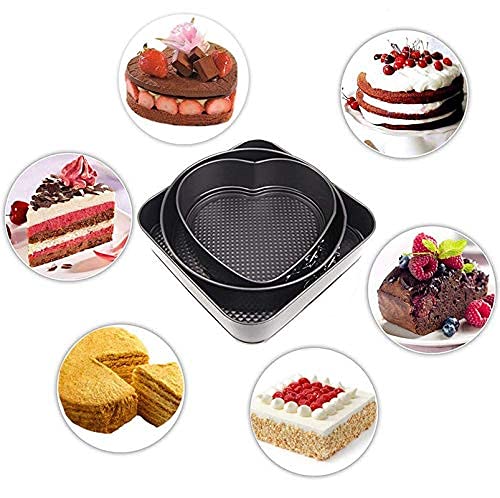 Kalitus Cake Tin Teflon Coated Non Stick Pan Cake Mould Set of 3 Heart Square Round Shapes with Loose Base Easy Washable Quick Release Springform Baking Pan Shapes for Oven3 PCS Black - Image 2