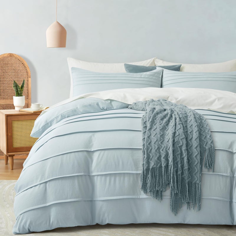 Oli Anderson Cornflower Blue Duvet Cover Queen Size - Pleated Queen Duvet Cover, 3PCS Soft and Breathable Textured Bedding Set with Zipper Closure(Cornflower Blue,90"x90") - Image 1
