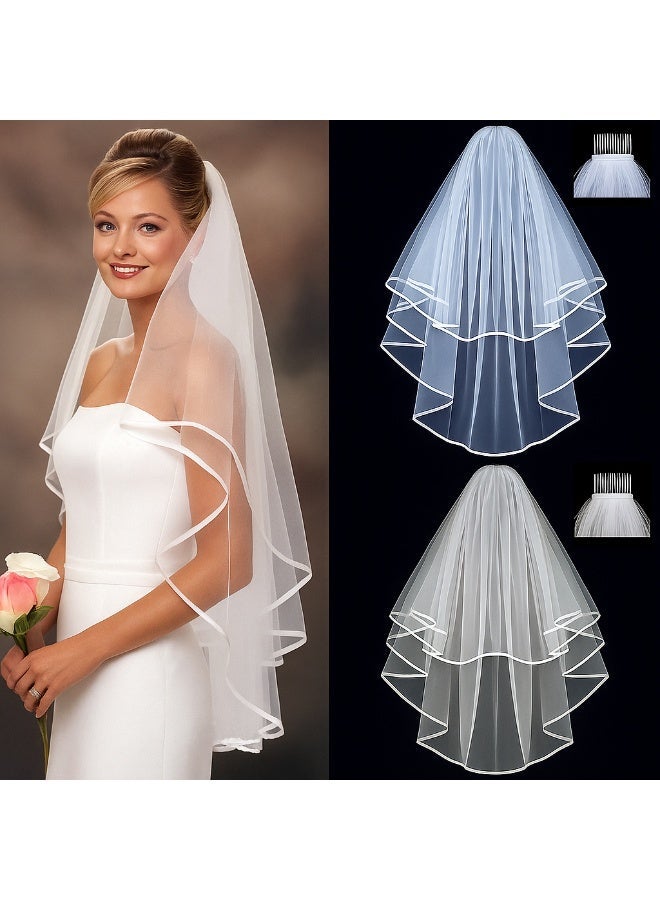 HPMY White Bridal Veil 2 Tier Double Ribbon Edge Wedding Veil with Comb for Wedding Bachelorette Party Everyday Wear - Image 1