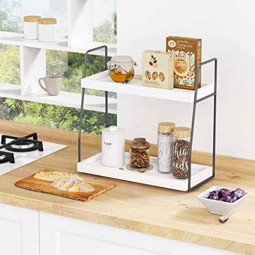 Forbena 2 Tier Bathroom Counter Organizer, White and Grey Coffee Bar Organizer for Countertop, Wood Shelf Tray for Vanity Makeup Storage, Small Kitchen Sink Top Organizers for Coffee Bar Station - Image 2