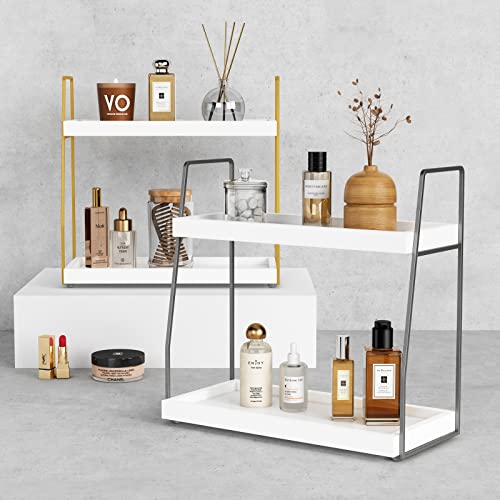 Forbena 2 Tier Bathroom Counter Organizer, White and Grey Coffee Bar Organizer for Countertop, Wood Shelf Tray for Vanity Makeup Storage, Small Kitchen Sink Top Organizers for Coffee Bar Station - Image 5
