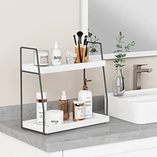 Forbena 2 Tier Bathroom Counter Organizer, White and Grey Coffee Bar Organizer for Countertop, Wood Shelf Tray for Vanity Makeup Storage, Small Kitchen Sink Top Organizers for Coffee Bar Station - Image 3
