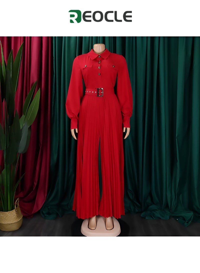 REOCLE Personalized Button Design New Long-sleeved Casual Loose Pleated Wide-leg Women's Fashion Elastic Belt Jumpsuit - Image 3