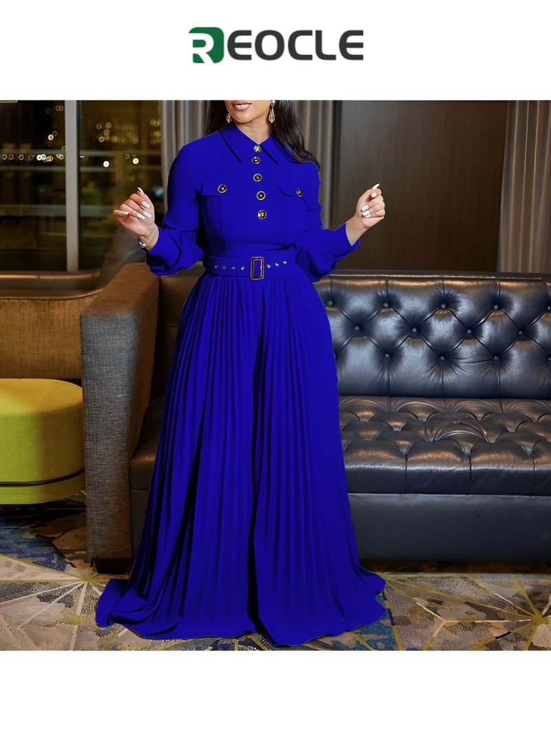 REOCLE Personalized Button Design New Long-sleeved Casual Loose Pleated Wide-leg Women's Fashion Elastic Belt Jumpsuit - Image 4