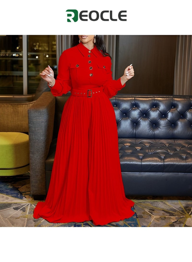 REOCLE Personalized Button Design New Long-sleeved Casual Loose Pleated Wide-leg Women's Fashion Elastic Belt Jumpsuit - Image 2