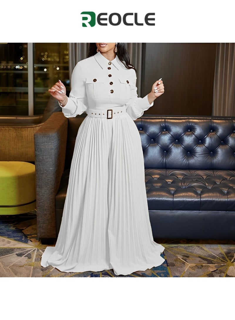 REOCLE Personalized Button Design New Long-sleeved Casual Loose Pleated Wide-leg Women's Fashion Elastic Belt Jumpsuit - Image 5