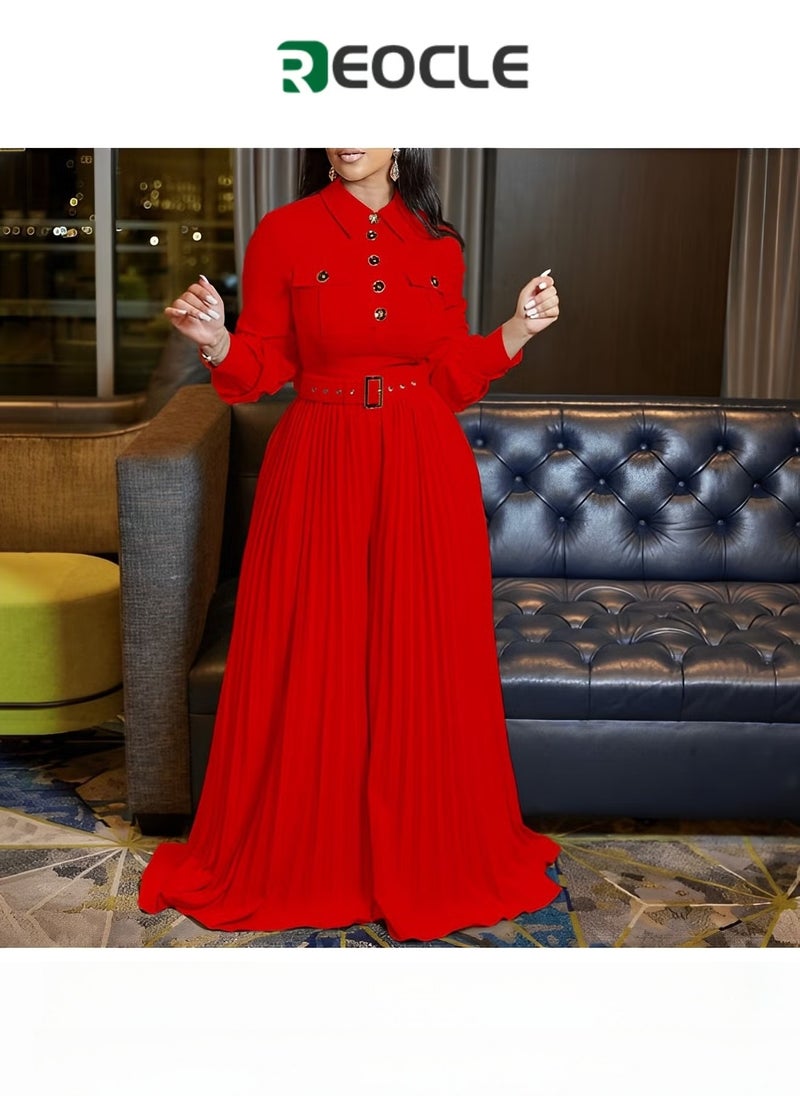 REOCLE Personalized Button Design New Long-sleeved Casual Loose Pleated Wide-leg Women's Fashion Elastic Belt Jumpsuit - Image 1