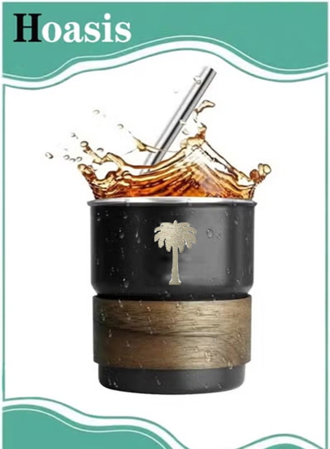 ح واحة 304 كوب مشروبات باردة من الفولاذ المقاوم للصدأ - تصميم بشعار سعودي، كوب قهوة محمول للمشروبات الساخنة والباردة، يتضمن قشة وغطاء مقاوم للحرارة للمنزل والتخييم في الهواء الطلق (أسود، 300 مل) - Image 1