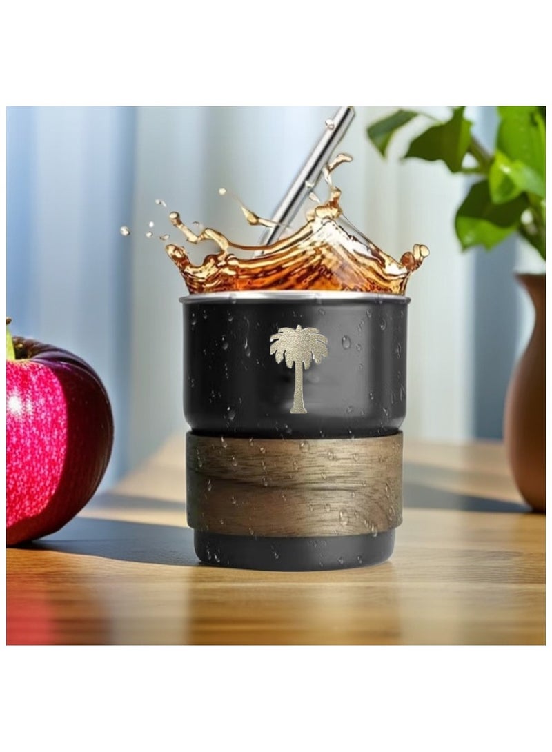 ح واحة 304 كوب مشروبات باردة من الفولاذ المقاوم للصدأ - تصميم بشعار سعودي، كوب قهوة محمول للمشروبات الساخنة والباردة، يتضمن قشة وغطاء مقاوم للحرارة للمنزل والتخييم في الهواء الطلق (أسود، 300 مل) - Image 2