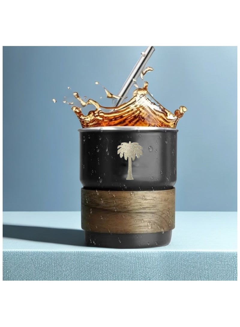 ح واحة 304 كوب مشروبات باردة من الفولاذ المقاوم للصدأ - تصميم بشعار سعودي، كوب قهوة محمول للمشروبات الساخنة والباردة، يتضمن قشة وغطاء مقاوم للحرارة للمنزل والتخييم في الهواء الطلق (أسود، 300 مل) - Image 3